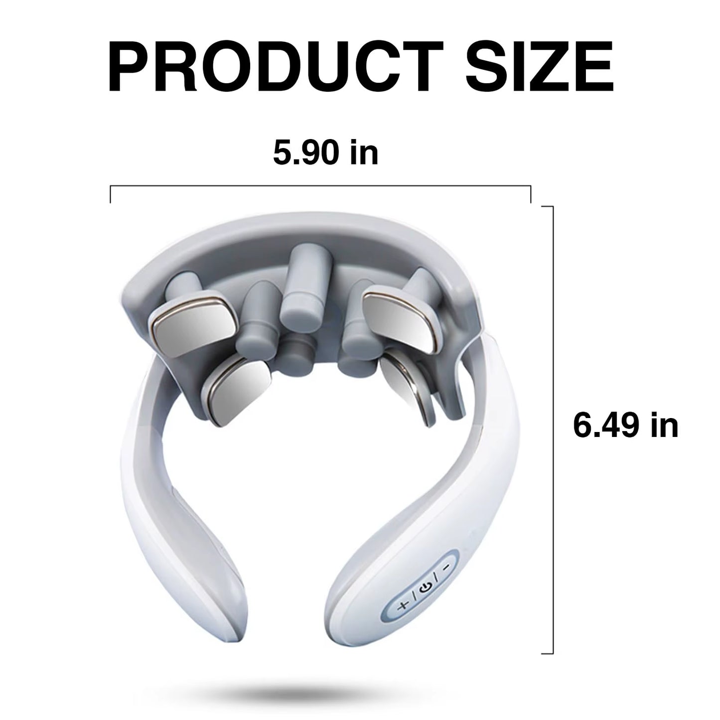 Pulsavi Neck Massager size guide — 5.90 inches wide by 6.49 inches tall, shown on the Upgraded model with nine contact points