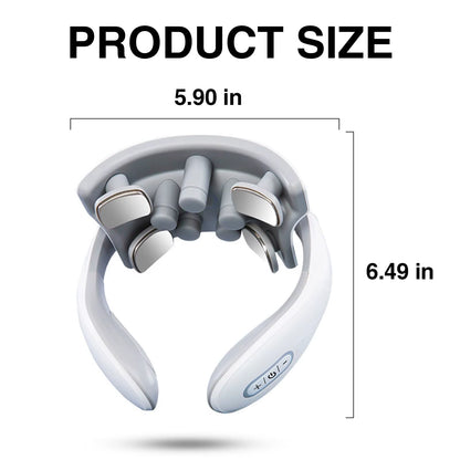 Pulsavi Neck Massager size guide — 5.90 inches wide by 6.49 inches tall, shown on the Upgraded model with nine contact points