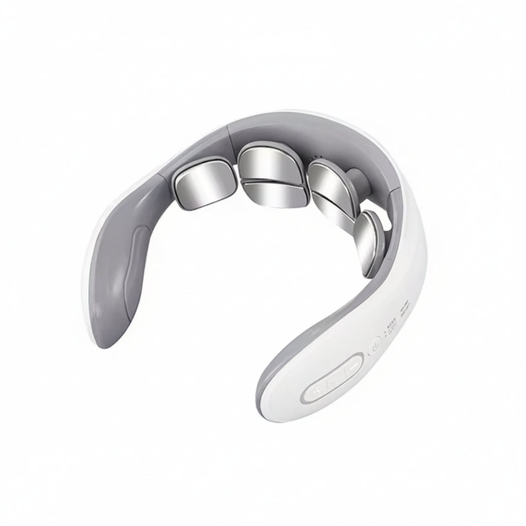 Pulsavi Neck Massager, Basic model — white and grey wearable collar with four flat metal contact pads