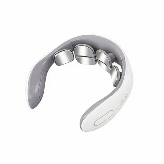 Pulsavi Neck Massager, Basic model — white and grey wearable collar with four flat metal contact pads