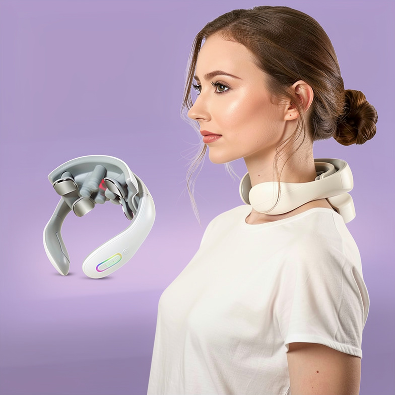 Woman wearing the Pulsavi Neck Massager hands-free around her neck, with the unit shown separately alongside