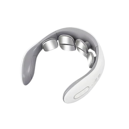 Pulsavi Neck Massager, Basic model — four flat metal contact pads on a soft grey inner collar