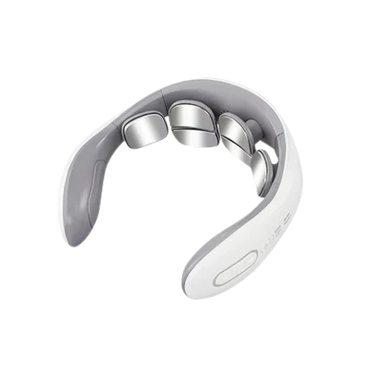 Pulsavi Neck Massager, Basic model — four flat metal contact pads on a soft grey inner collar